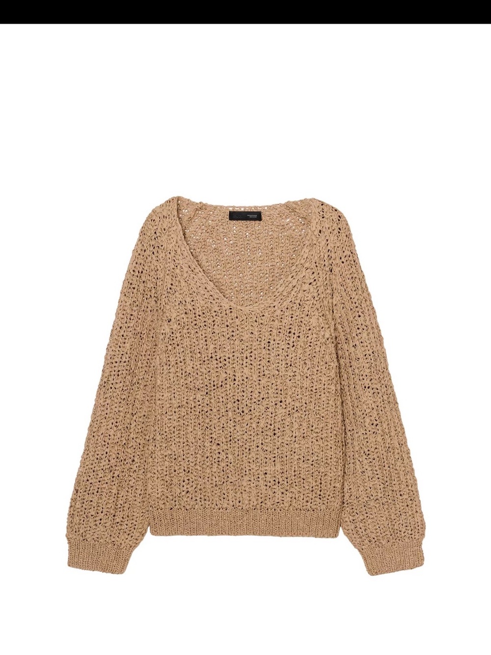 Zara Ribbon-Knit V-Neck Sweater in Camel